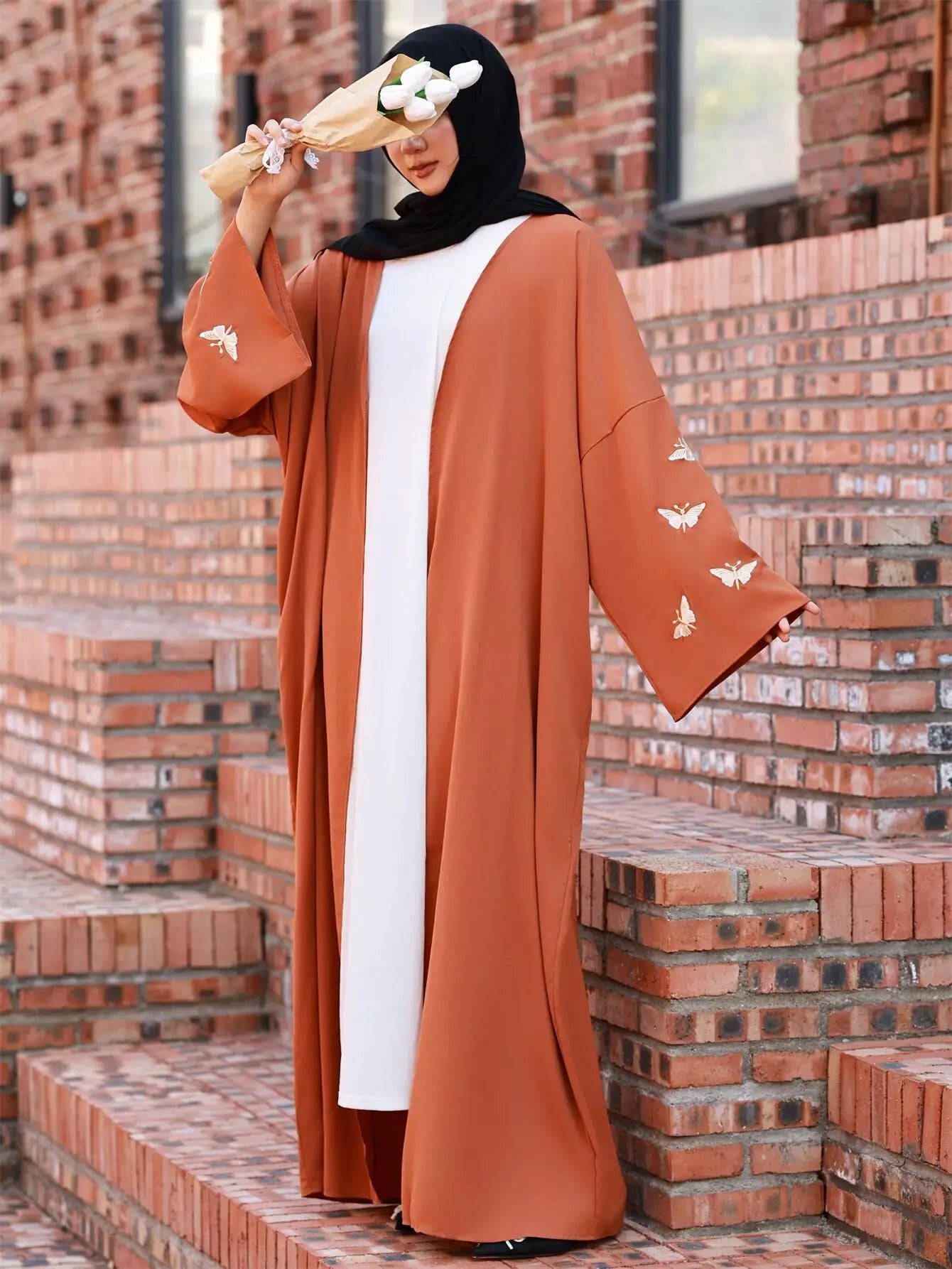Butterfly Embroidered Open Front Abaya