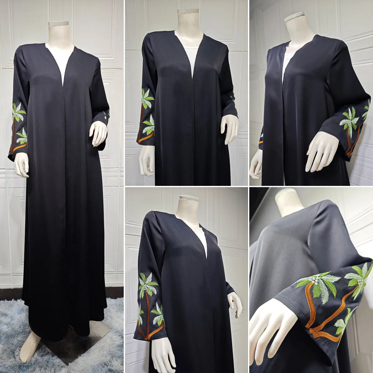 Women's Black Embroidery Cardigan Robe Abaya