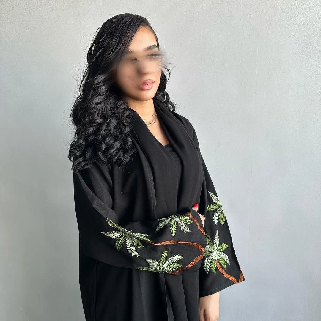 Women's Black Embroidery Cardigan Robe Abaya