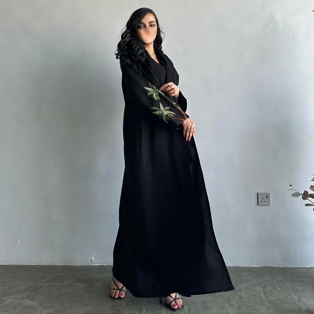 Women's Black Embroidery Cardigan Robe Abaya