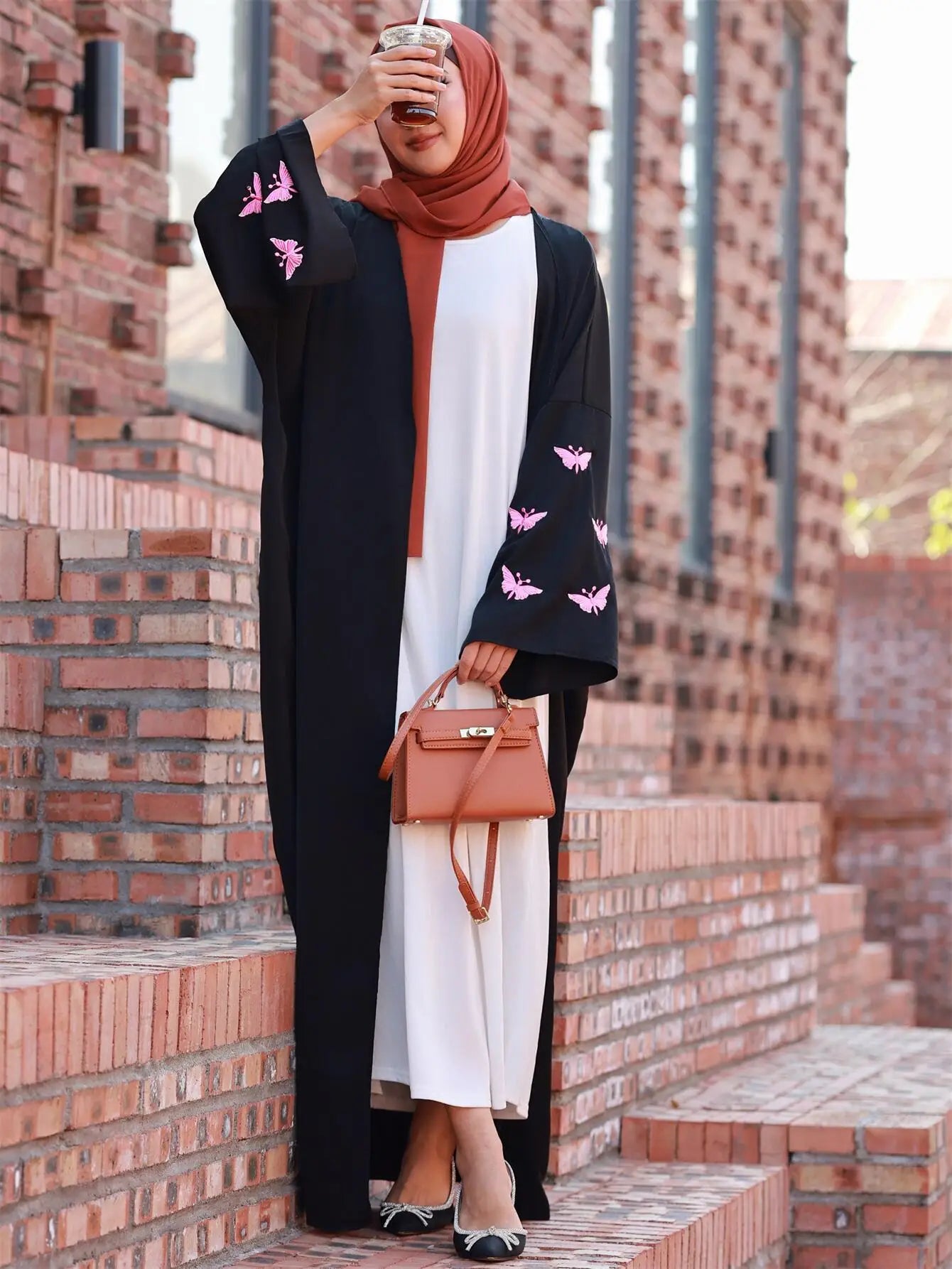 Butterfly Embroidered Open Front Abaya
