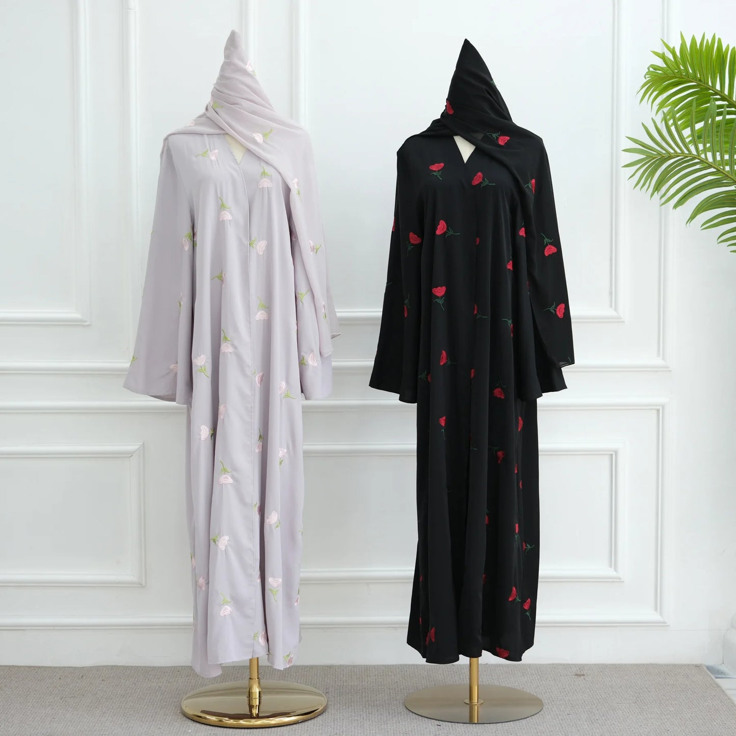 Abaya & Scarf Embroidered Open Cardigan Dress