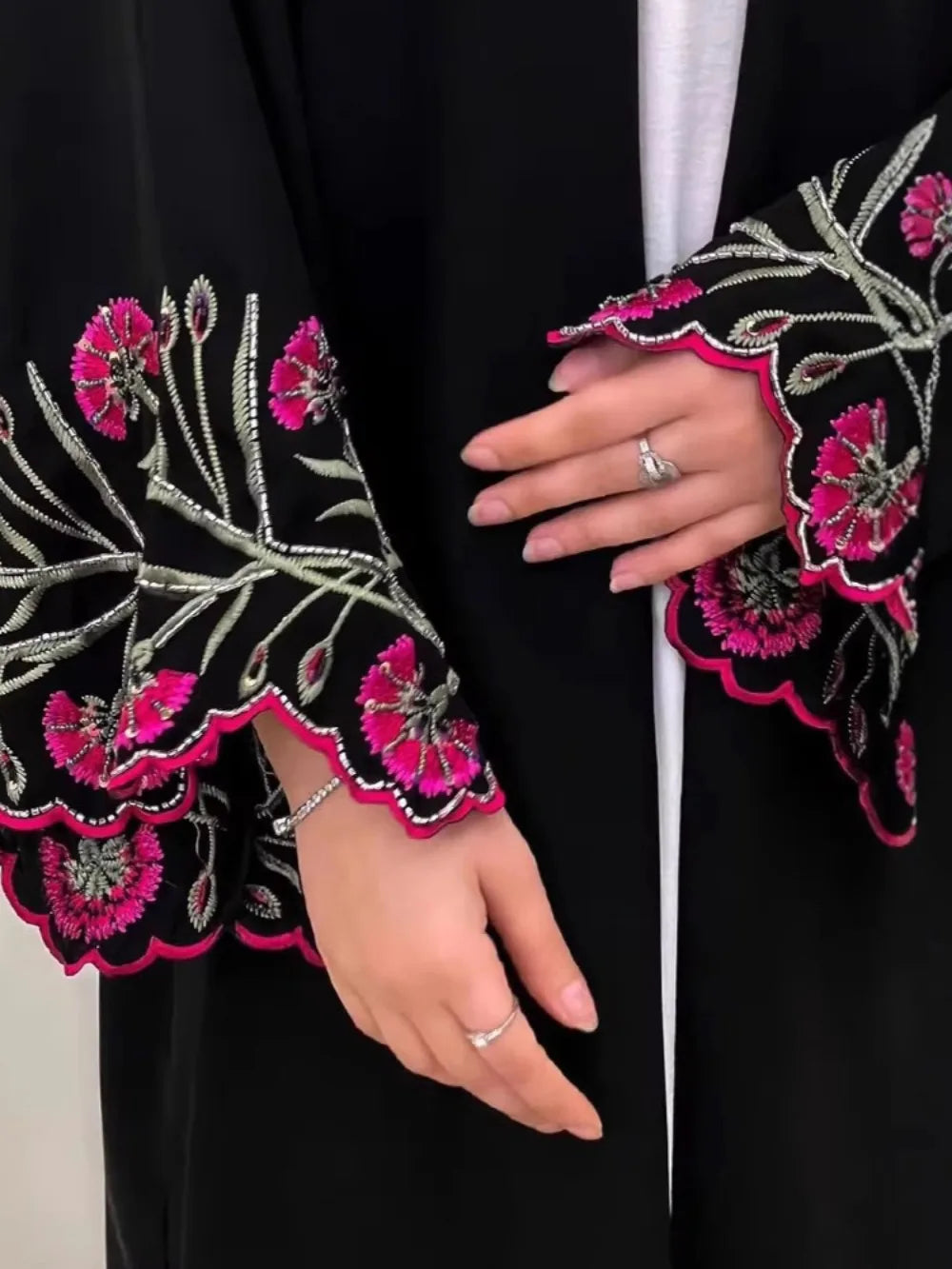 Emroidered Sleeve Open Front abaya
