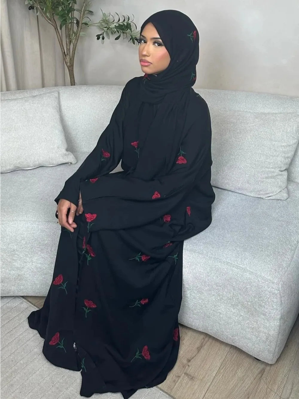 Abaya & Scarf Embroidered Open Cardigan Dress