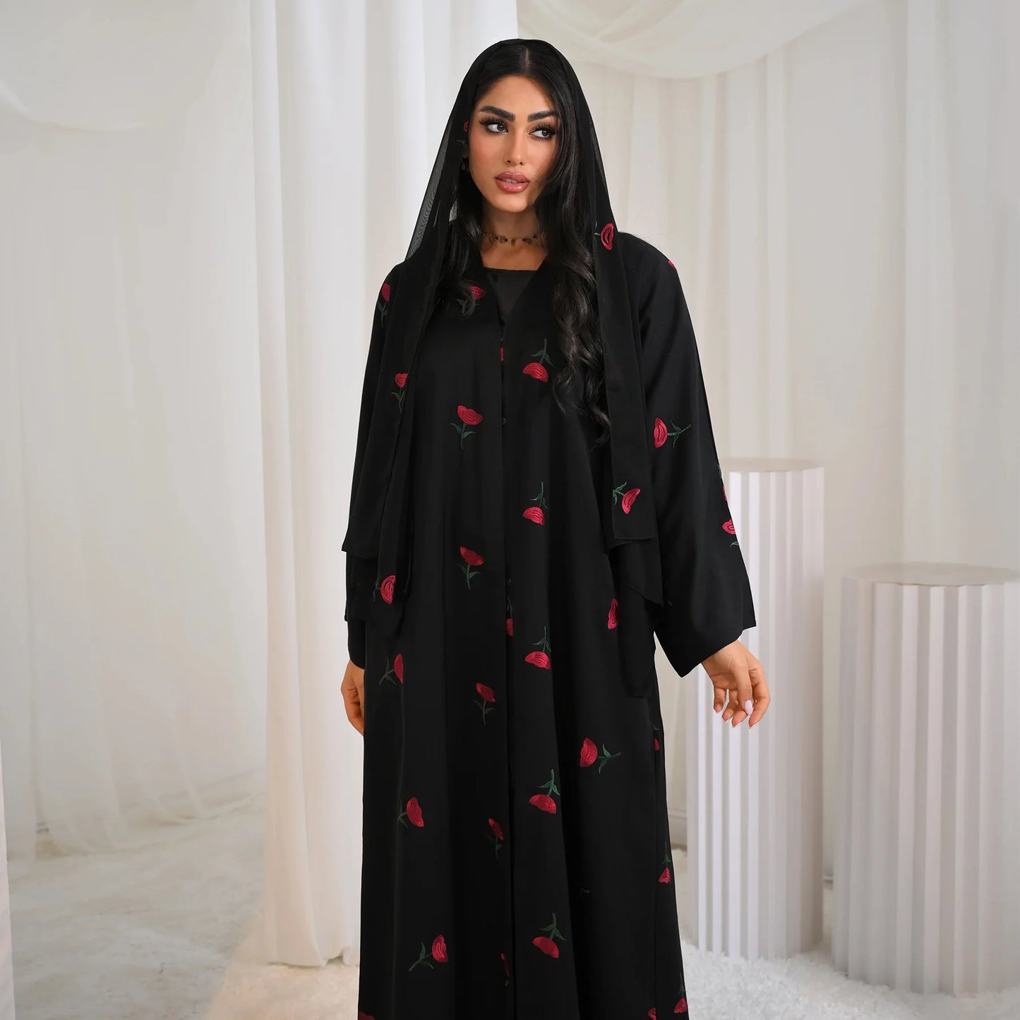 Abaya & Scarf Embroidered Open Cardigan Dress