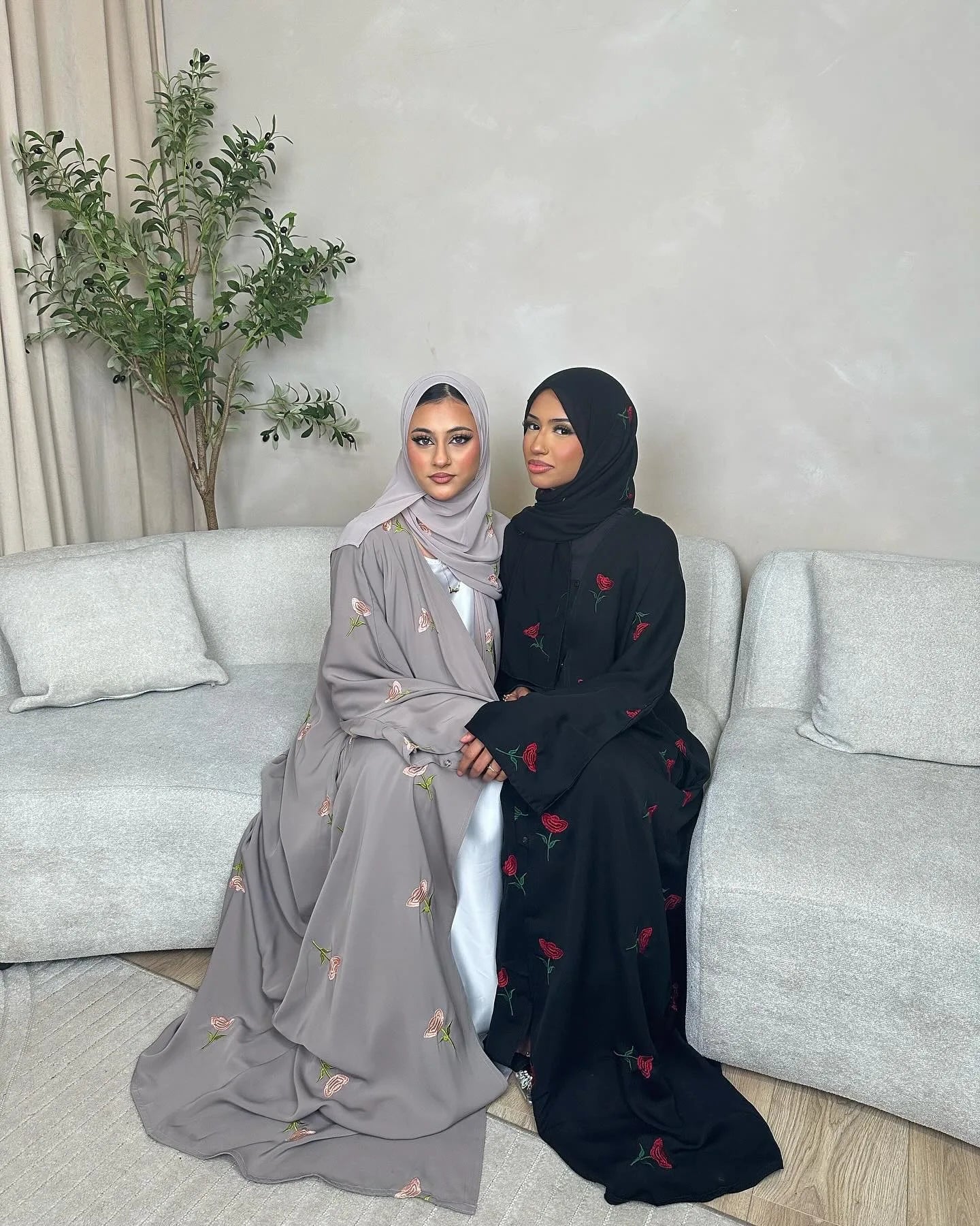 Abaya & Scarf Embroidered Open Cardigan Dress