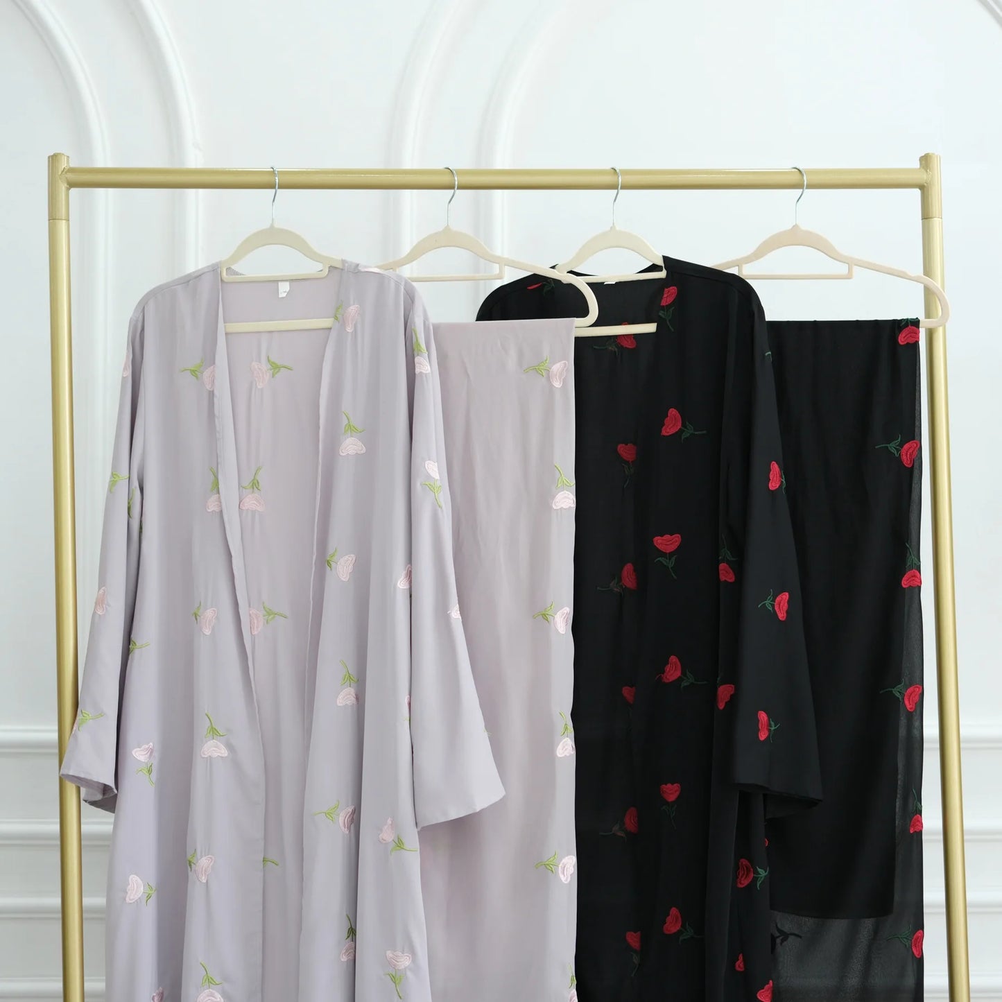 Abaya & Scarf Embroidered Open Cardigan Dress