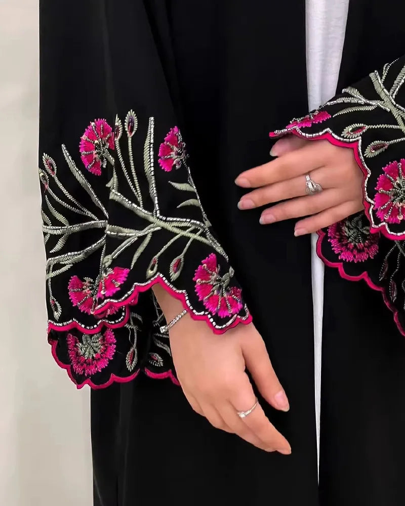 Emroidered Sleeve Open Front abaya