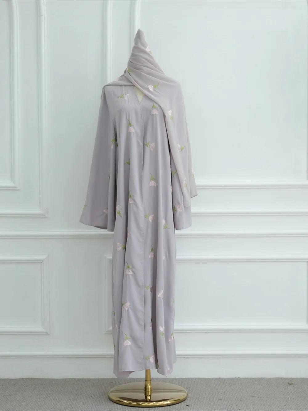 Abaya & Scarf Embroidered Open Cardigan Dress