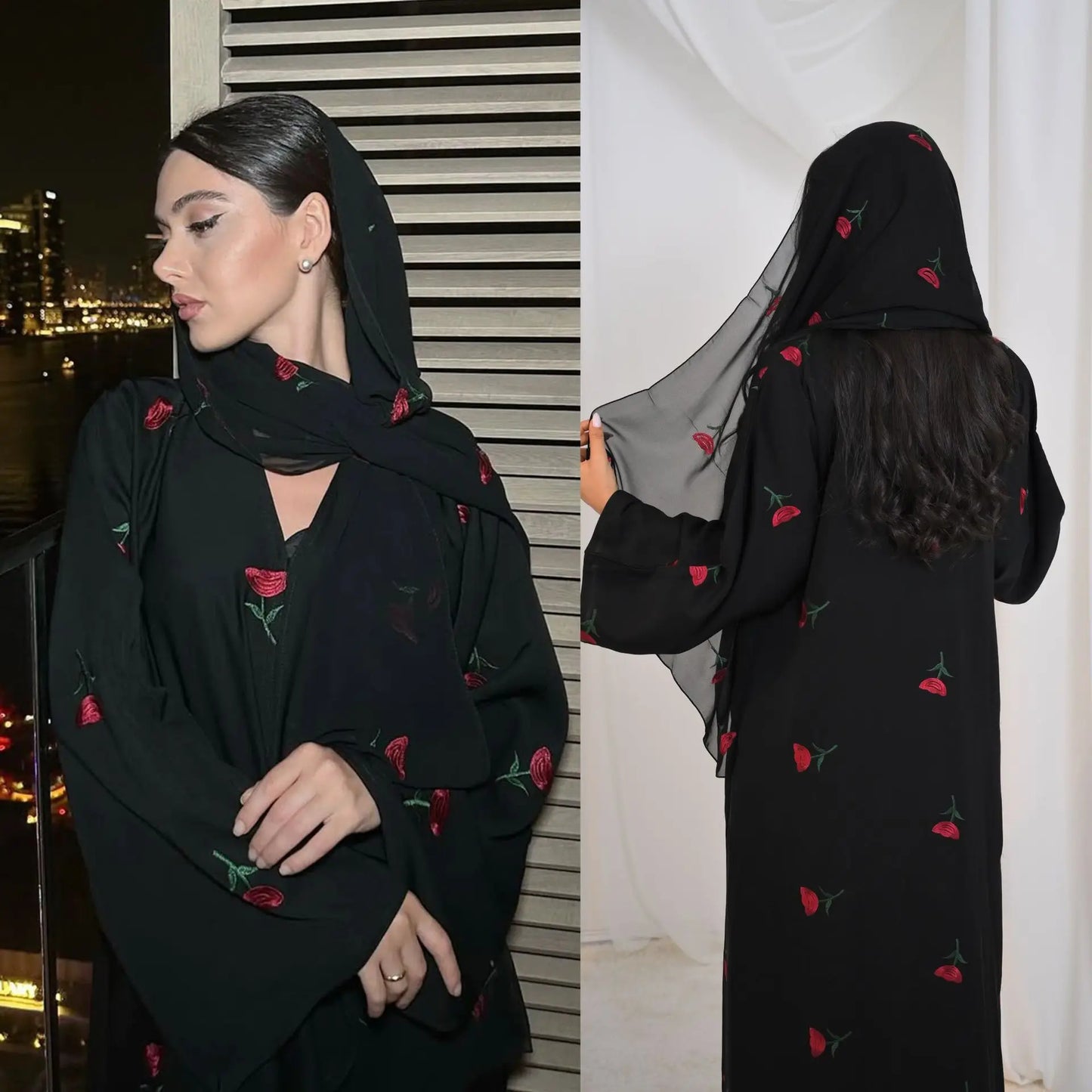 Abaya & Scarf Embroidered Open Cardigan Dress