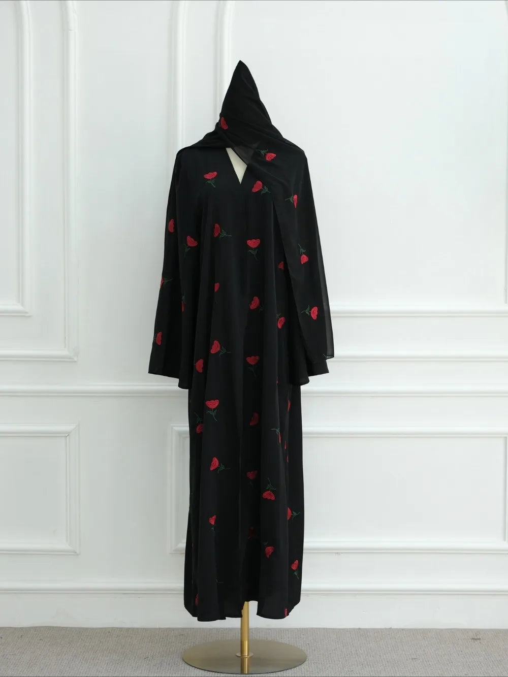 Abaya & Scarf Embroidered Open Cardigan Dress