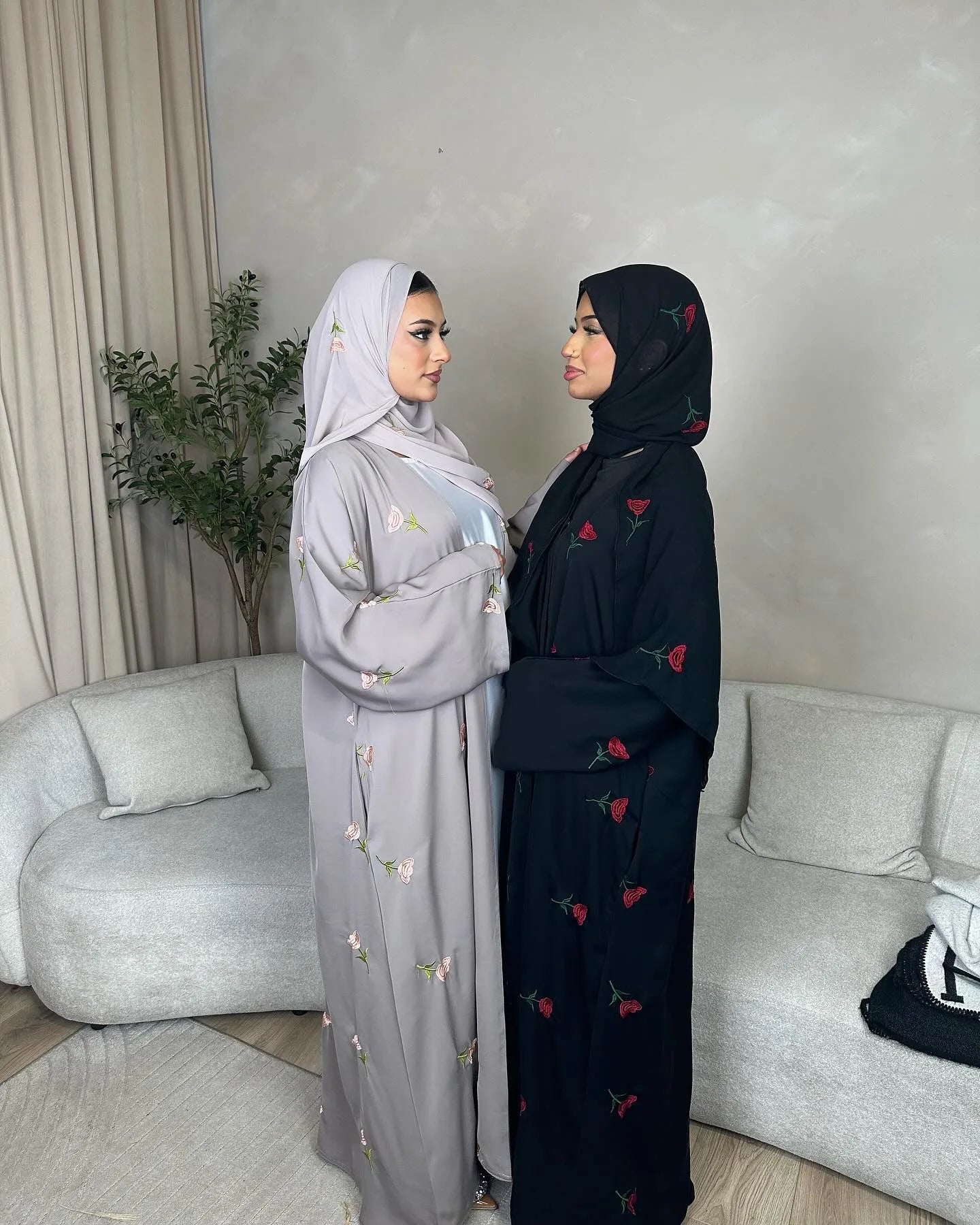Abaya & Scarf Embroidered Open Cardigan Dress