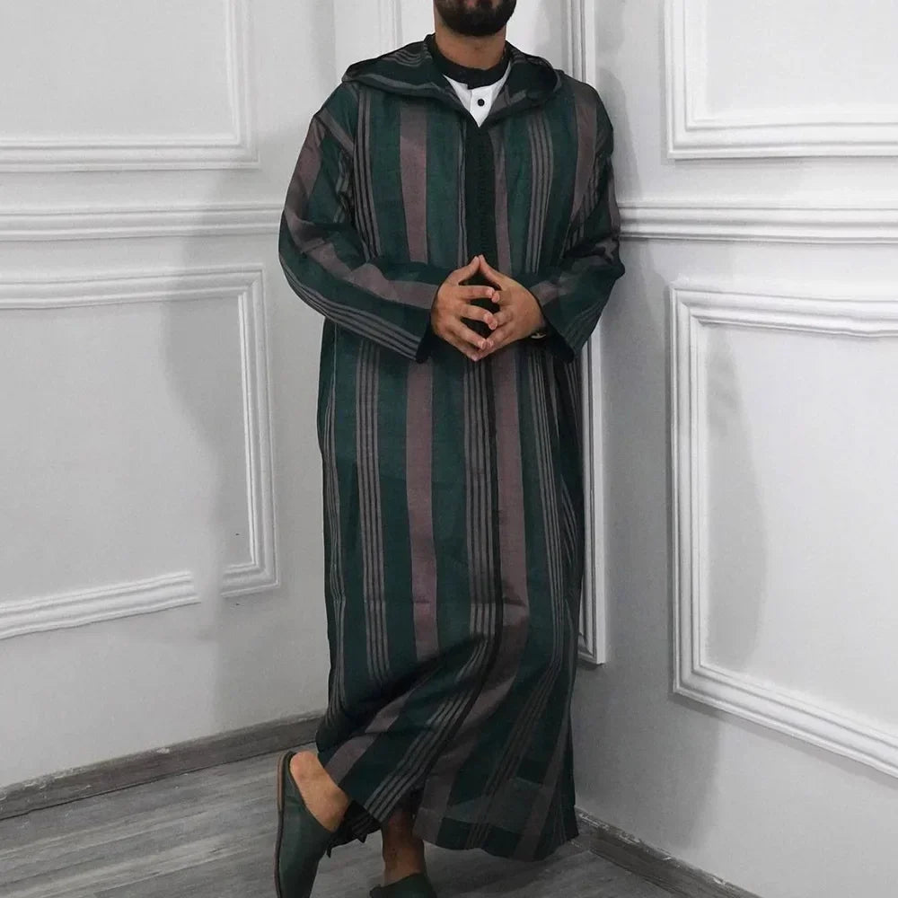 Muslim Men Striped Hooded Jubba