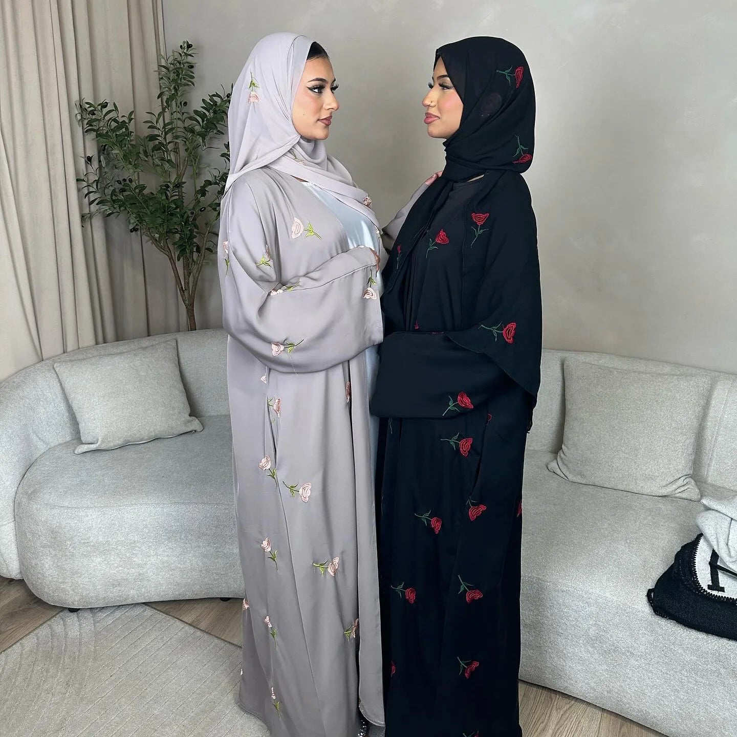 Abaya & Scarf Embroidered Open Cardigan Dress
