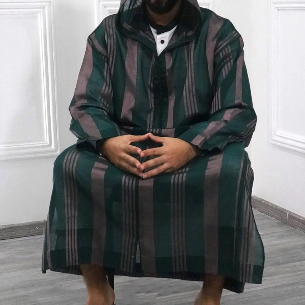 Muslim Men Striped Hooded Jubba
