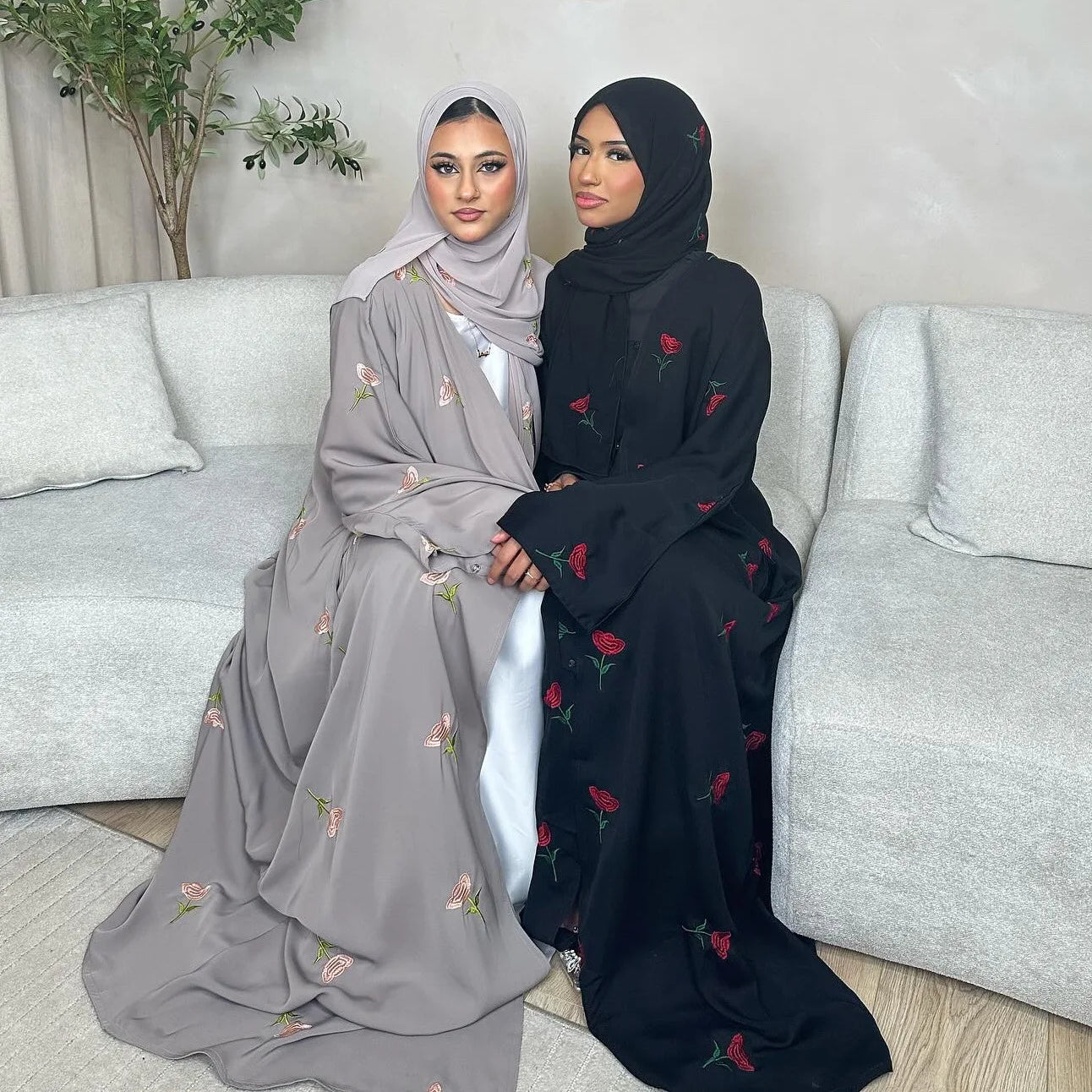 Abaya & Scarf Embroidered Open Cardigan Dress