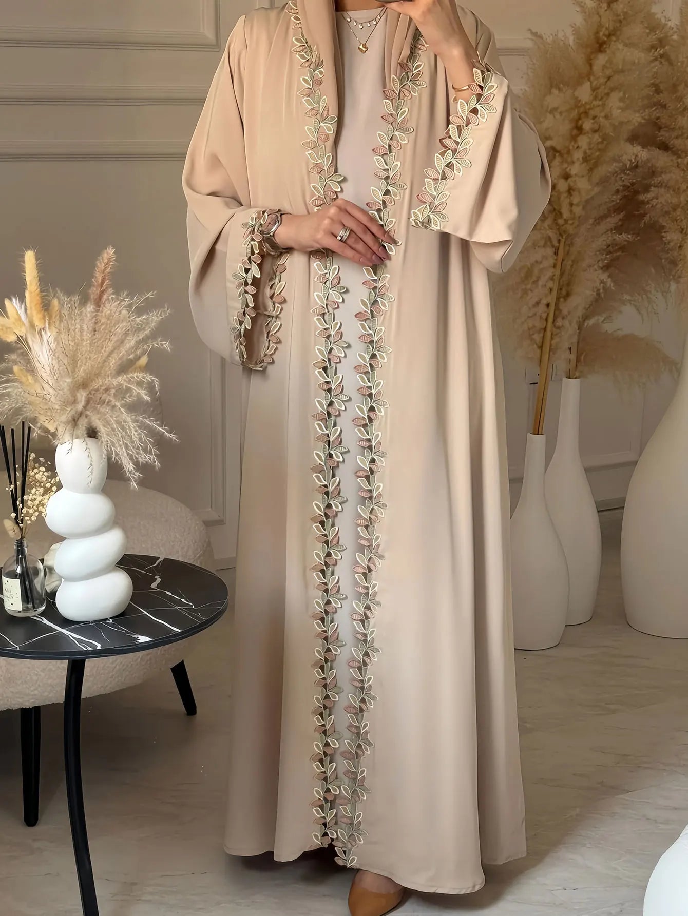 Womens Beige Abaya Multicolored Leaf Embroidery