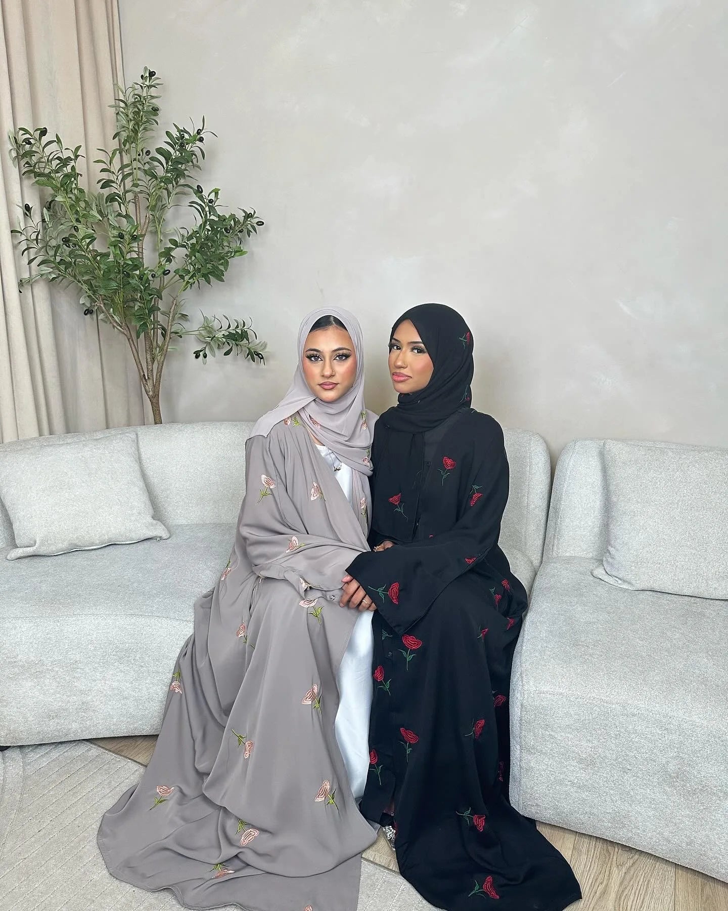 Abaya & Scarf Embroidered Open Cardigan Dress