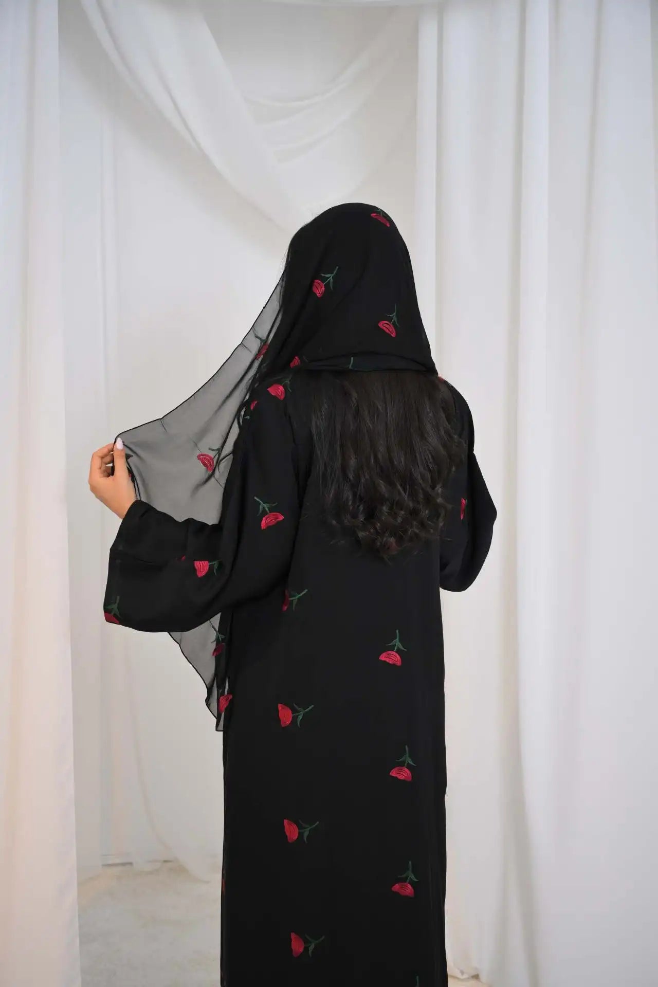 Abaya & Scarf Embroidered Open Cardigan Dress