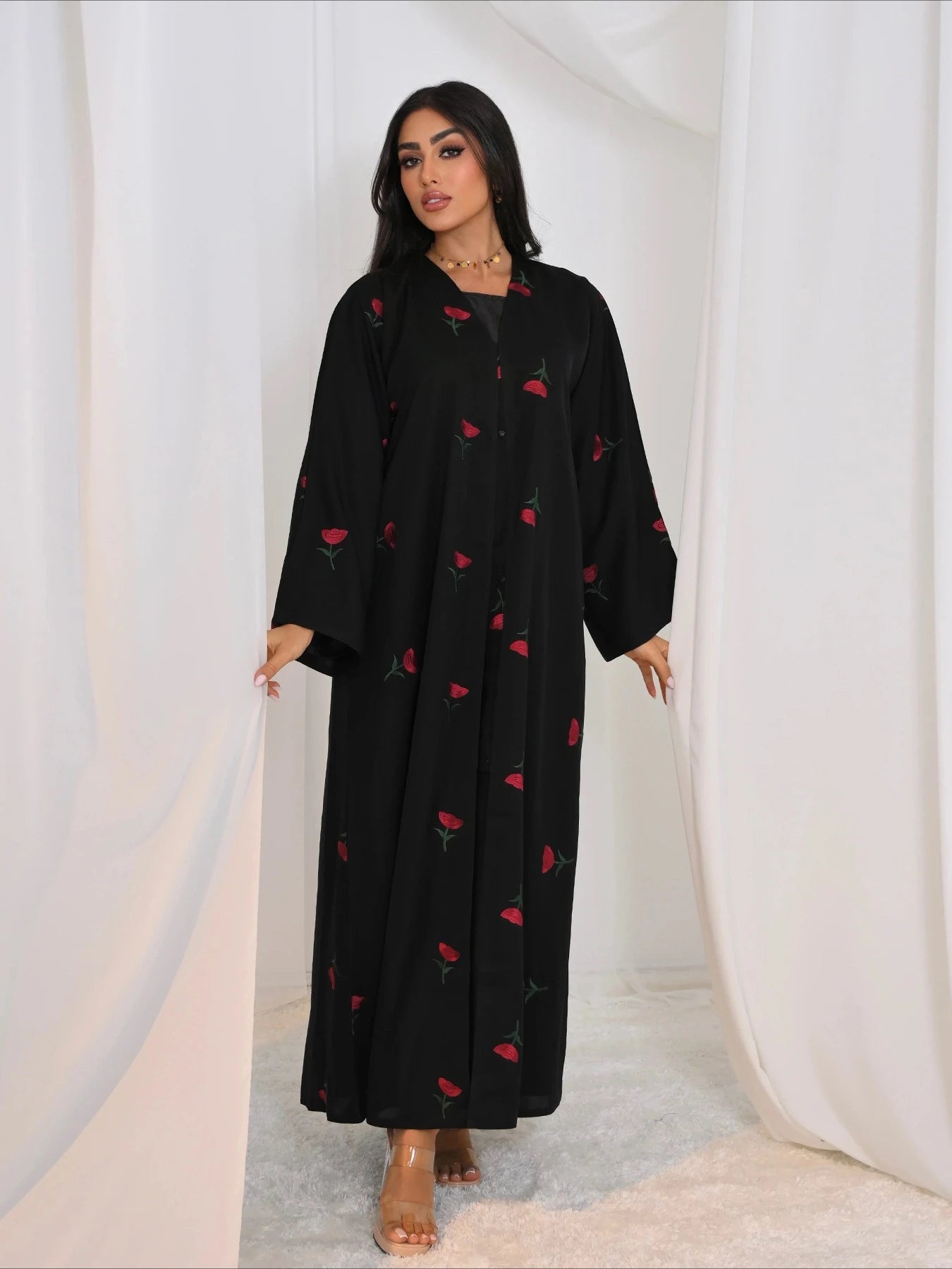 Abaya & Scarf Embroidered Open Cardigan Dress