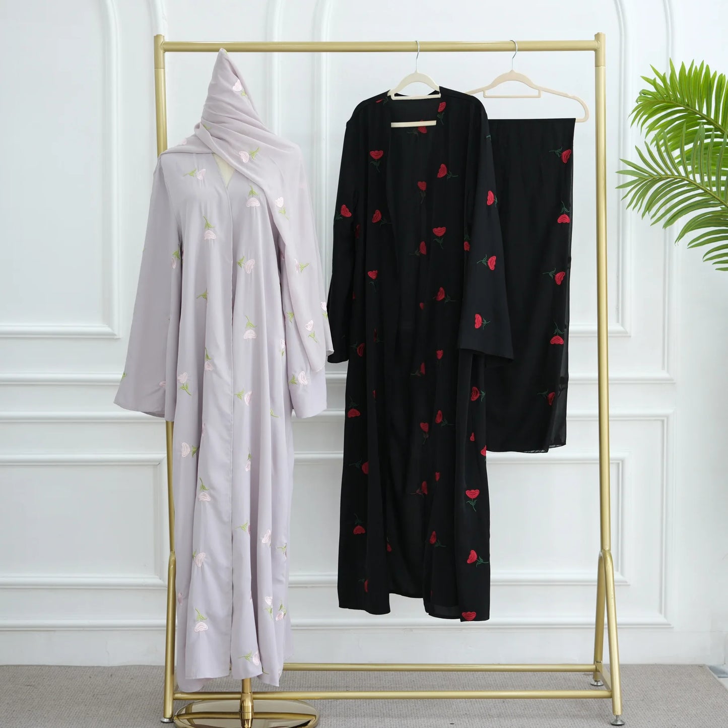 Abaya & Scarf Embroidered Open Cardigan Dress