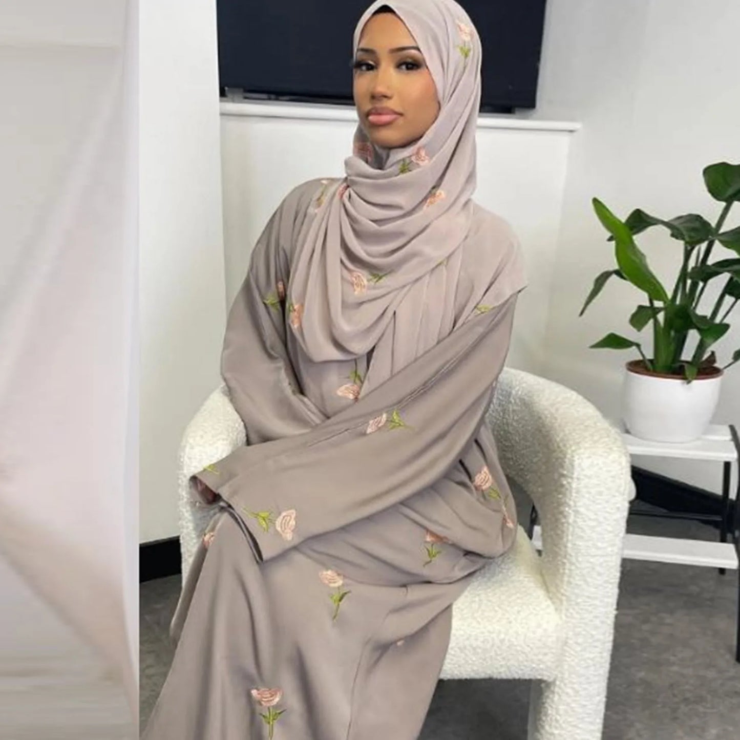 Abaya & Scarf Embroidered Open Cardigan Dress