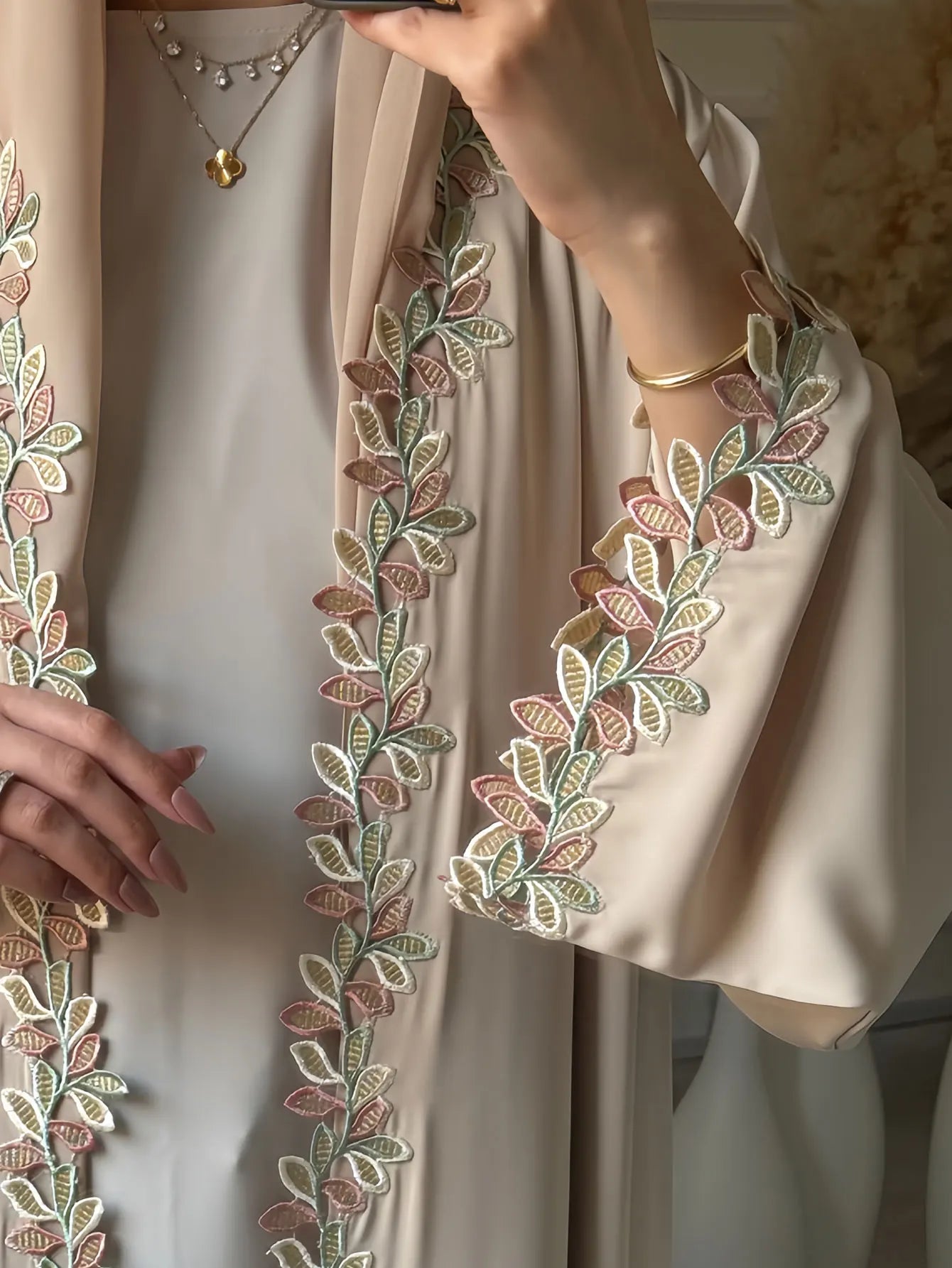Womens Beige Abaya Multicolored Leaf Embroidery