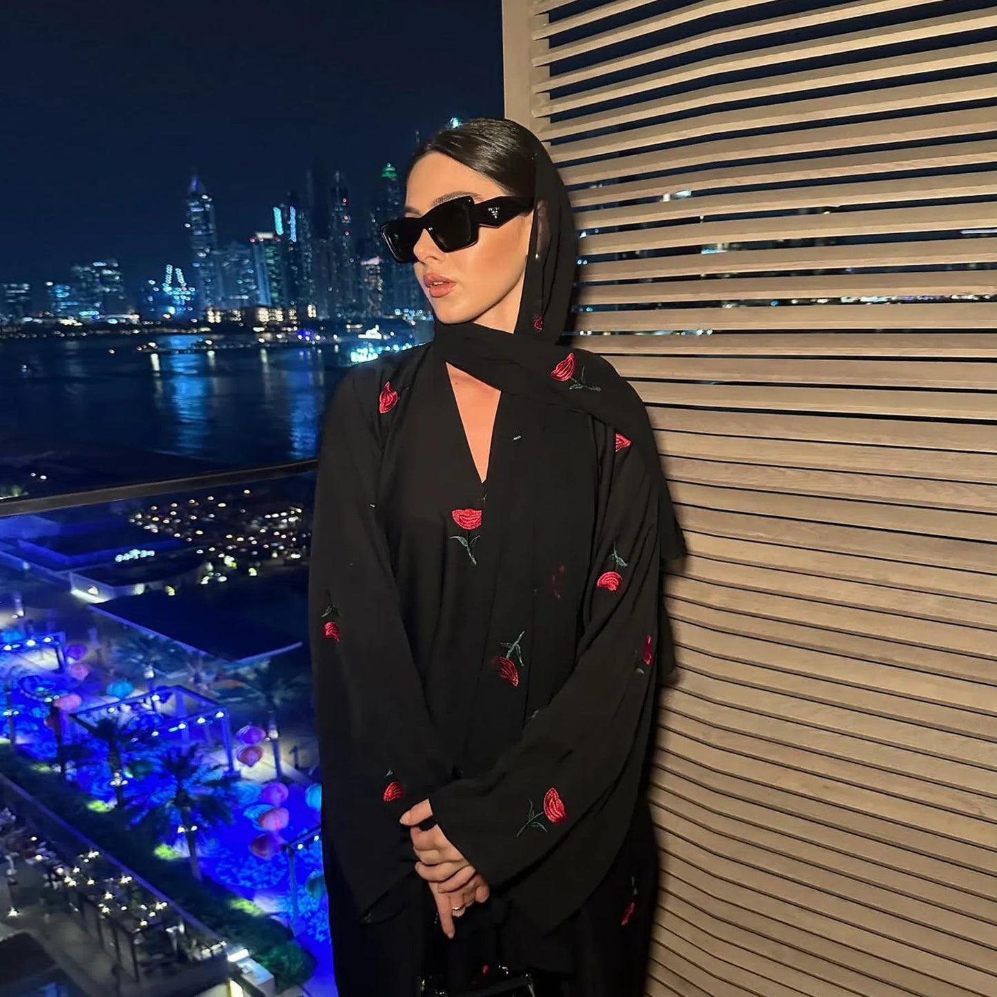 Abaya & Scarf Embroidered Open Cardigan Dress