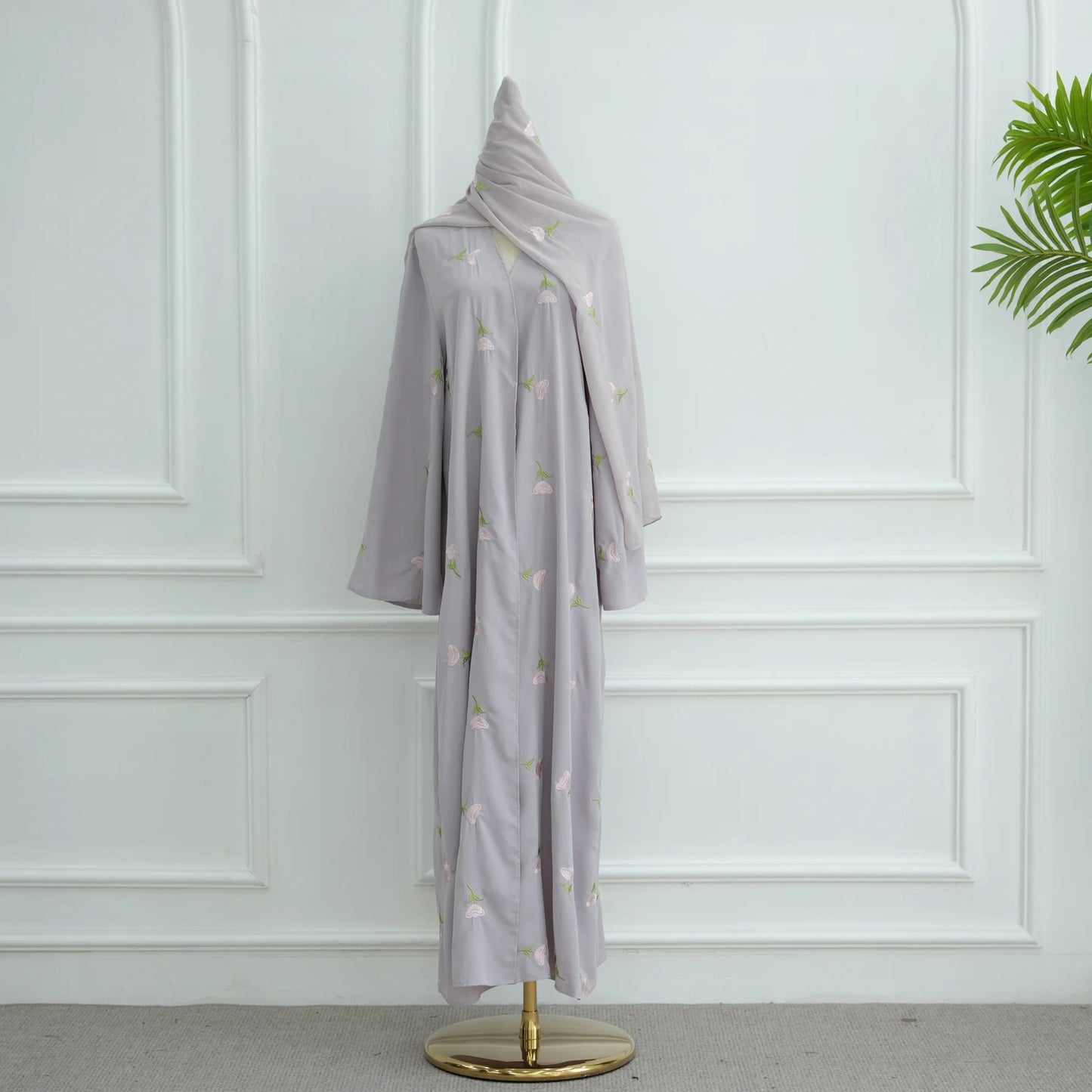 Abaya & Scarf Embroidered Open Cardigan Dress