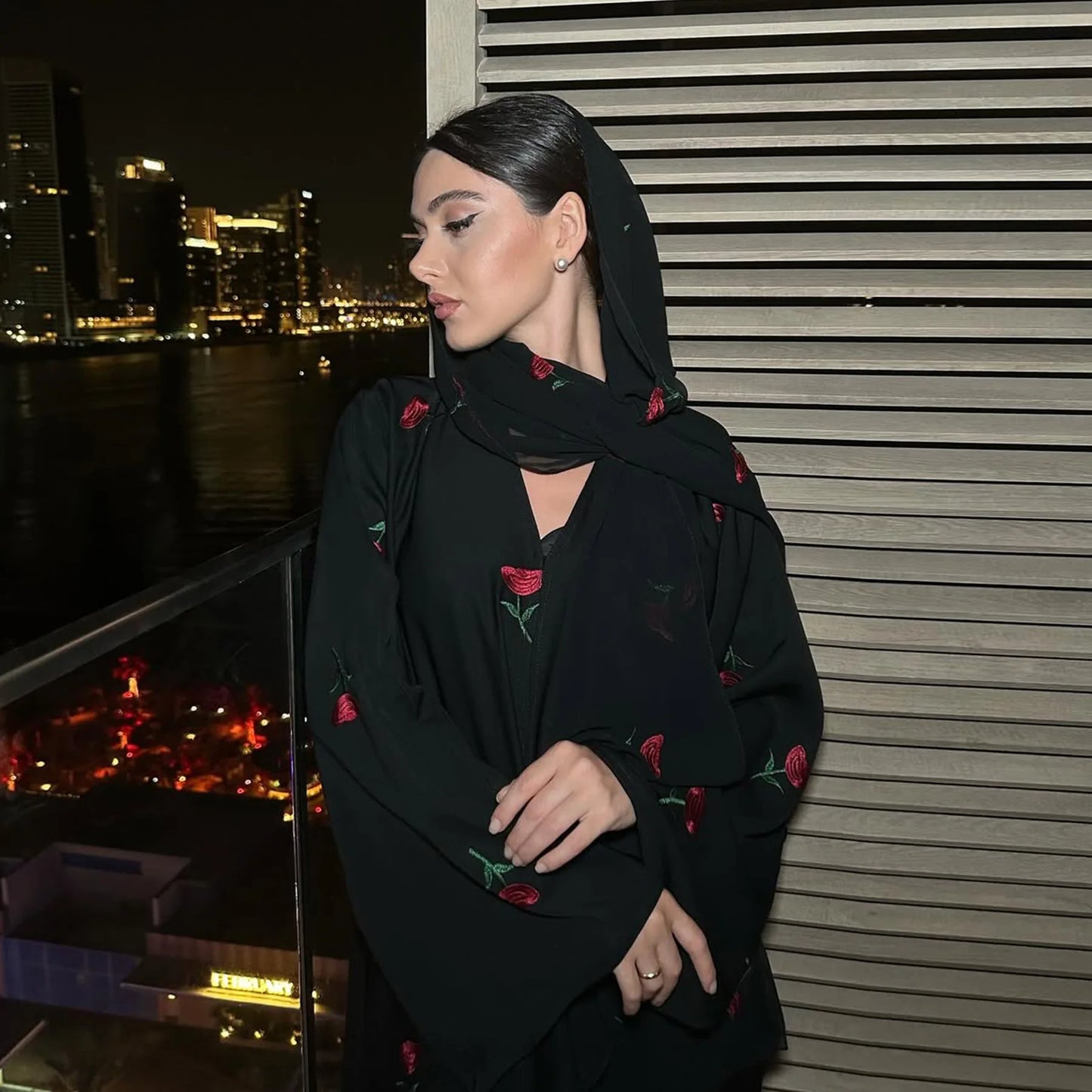 Abaya & Scarf Embroidered Open Cardigan Dress