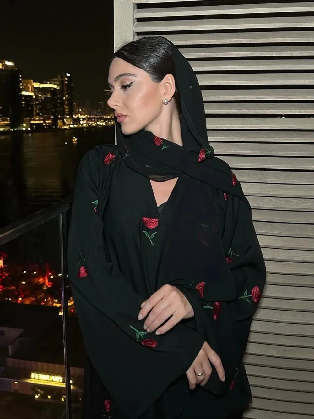 Abaya & Scarf Embroidered Open Cardigan Dress