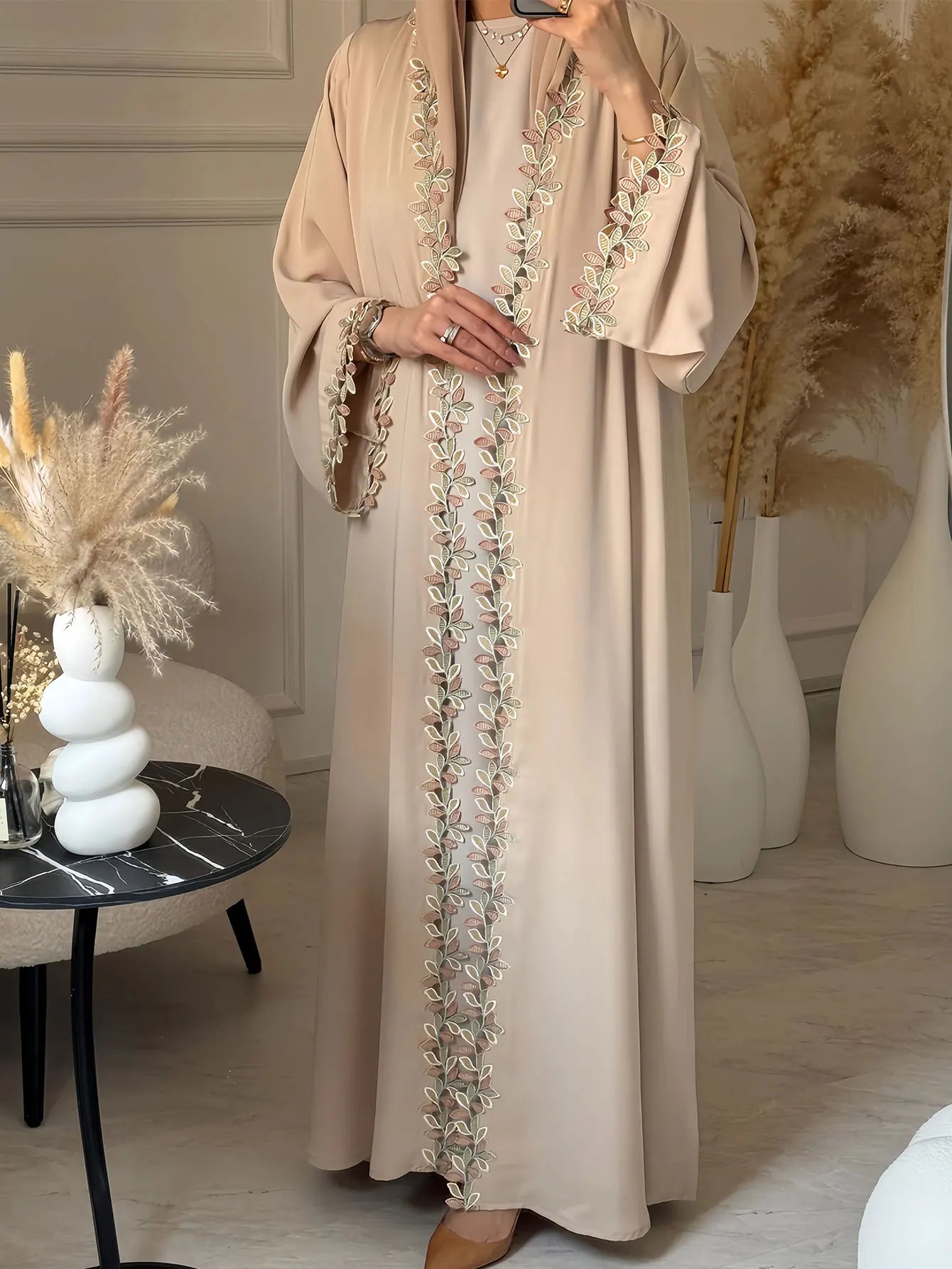 Womens Beige Abaya Multicolored Leaf Embroidery