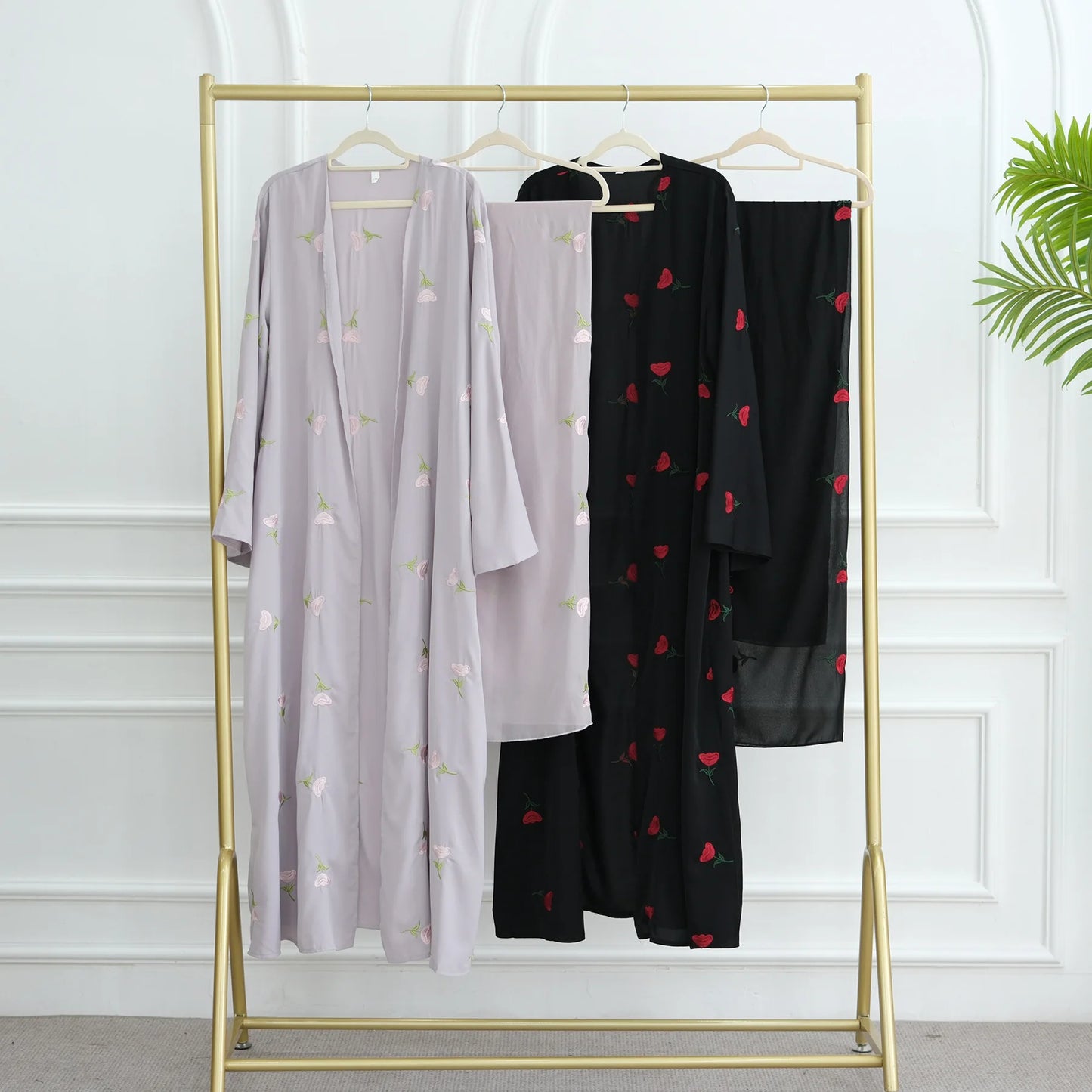 Abaya & Scarf Embroidered Open Cardigan Dress