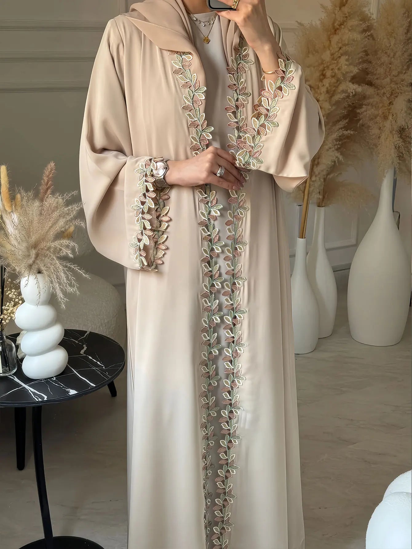 Womens Beige Abaya Multicolored Leaf Embroidery
