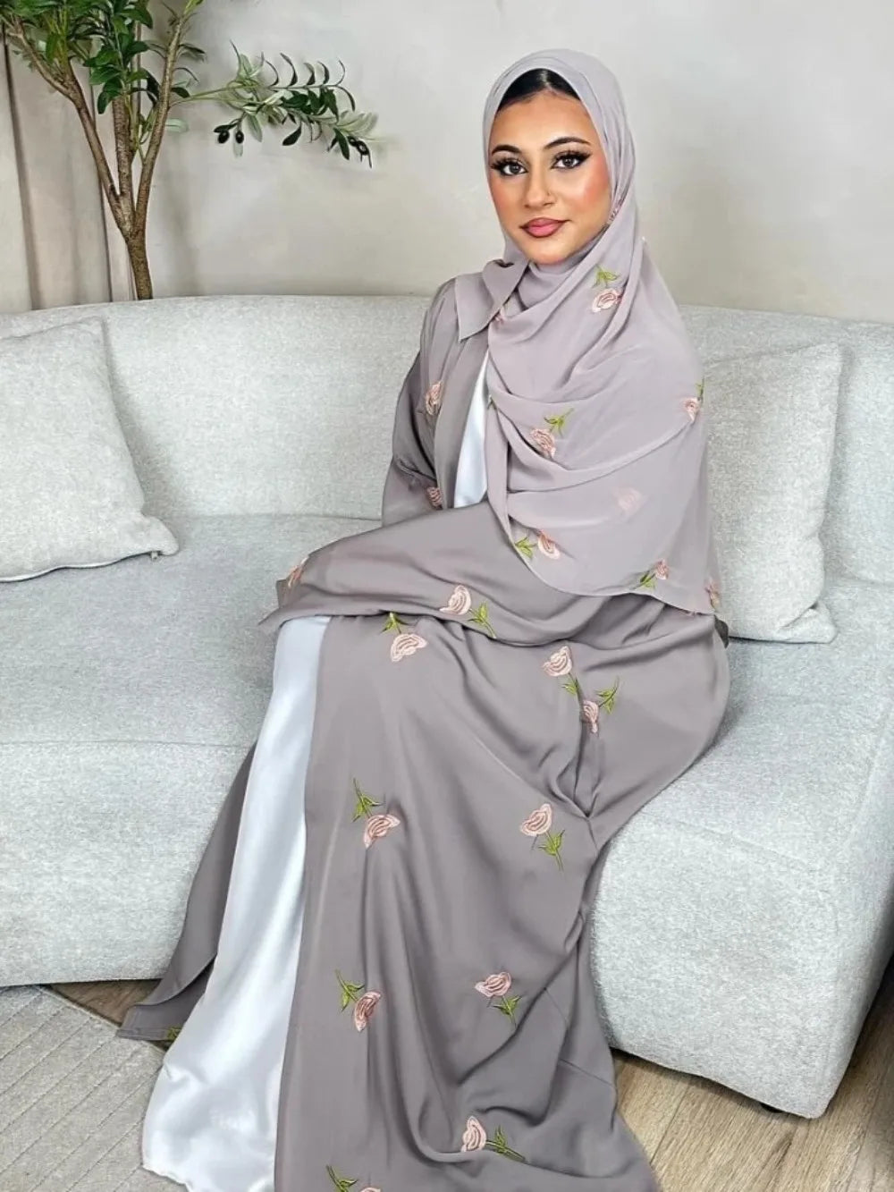 Abaya & Scarf Embroidered Open Cardigan Dress