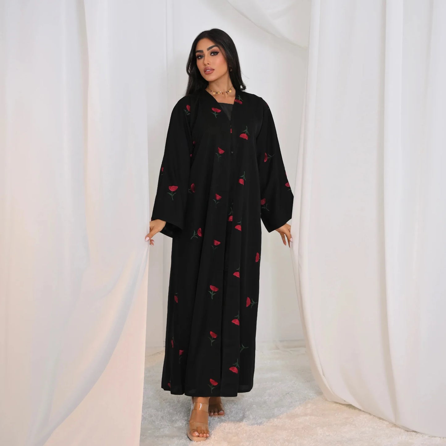 Abaya & Scarf Embroidered Open Cardigan Dress