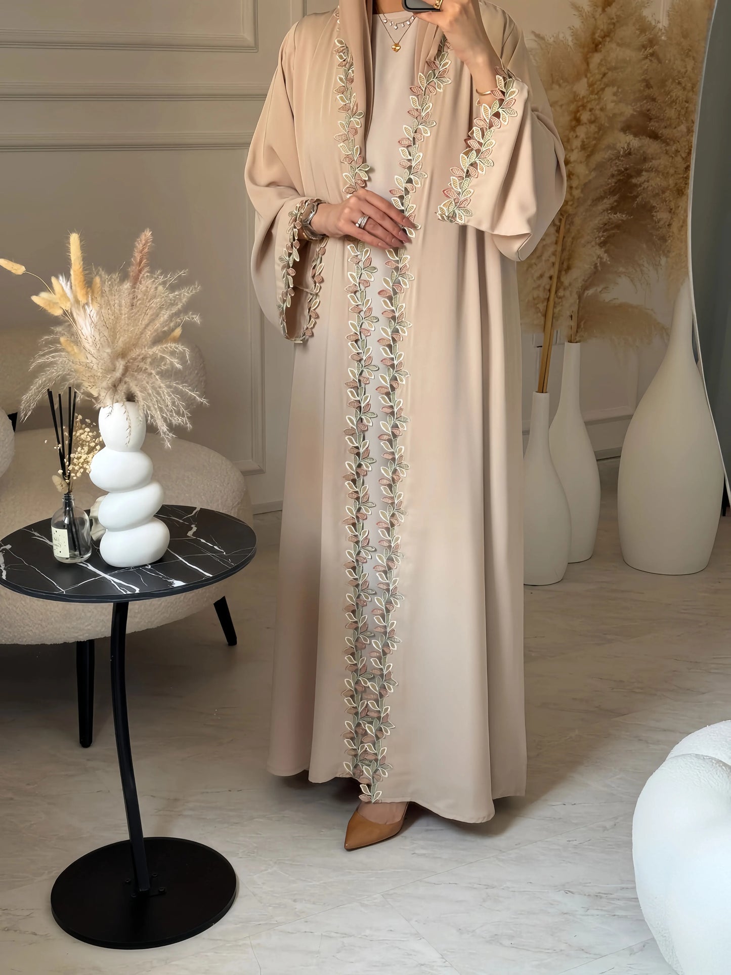 Womens Beige Abaya Multicolored Leaf Embroidery