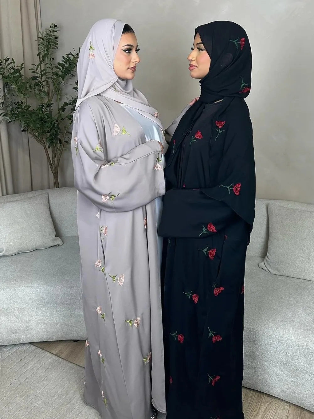 Abaya & Scarf Embroidered Open Cardigan Dress