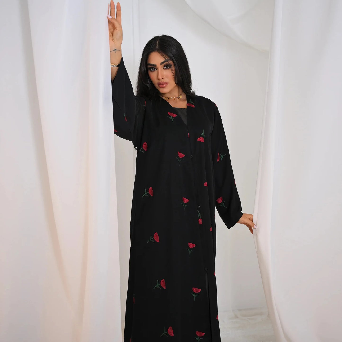 Abaya & Scarf Embroidered Open Cardigan Dress