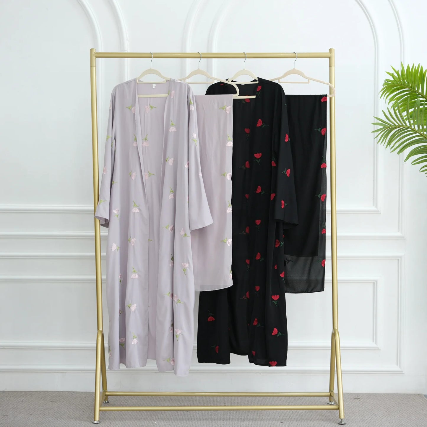 Abaya & Scarf Embroidered Open Cardigan Dress