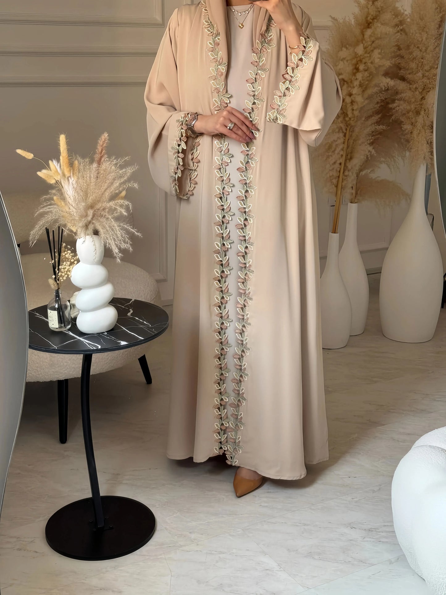 Womens Beige Abaya Multicolored Leaf Embroidery