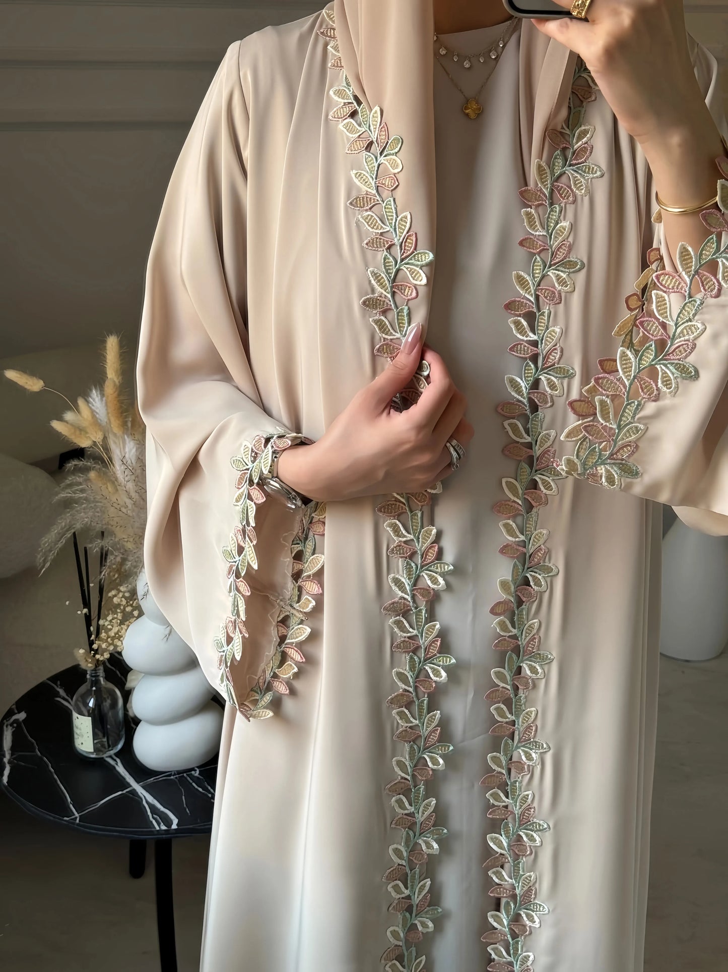 Womens Beige Abaya Multicolored Leaf Embroidery