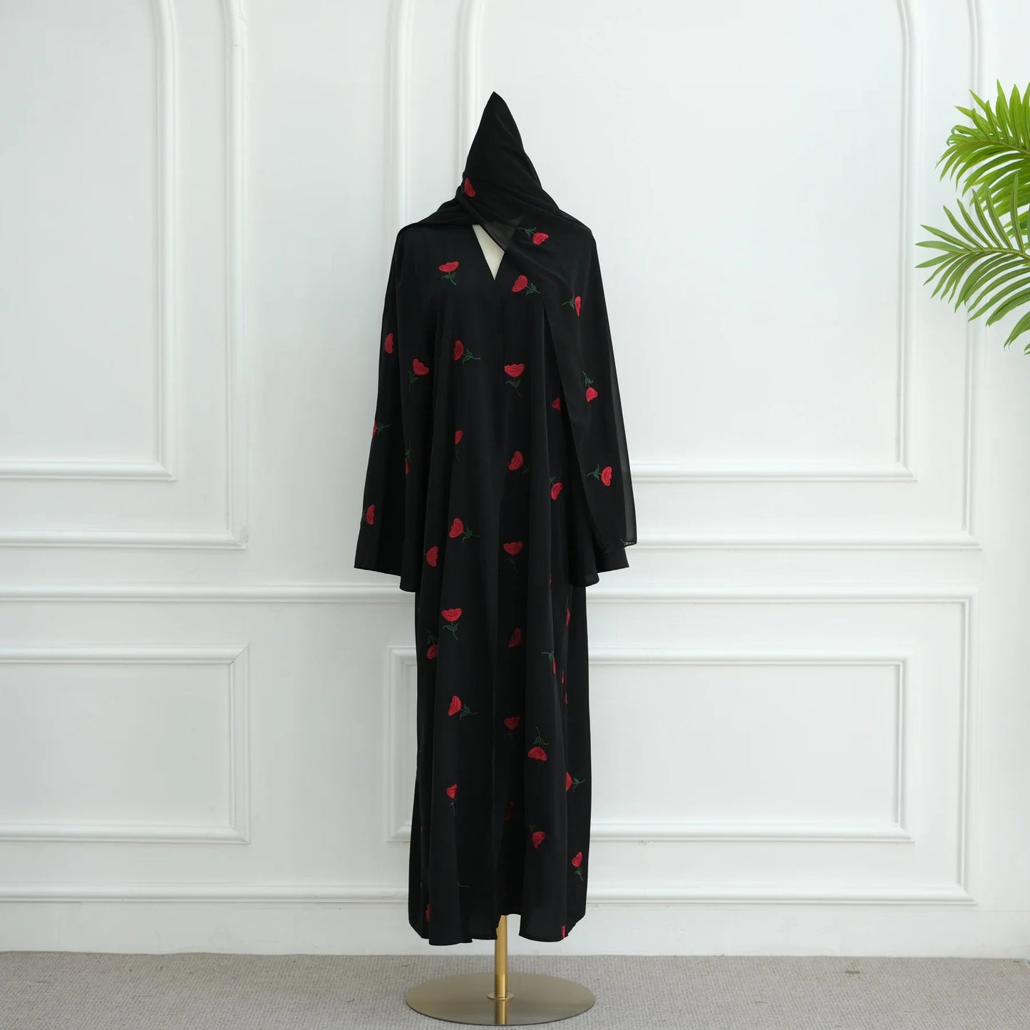 Abaya & Scarf Embroidered Open Cardigan Dress