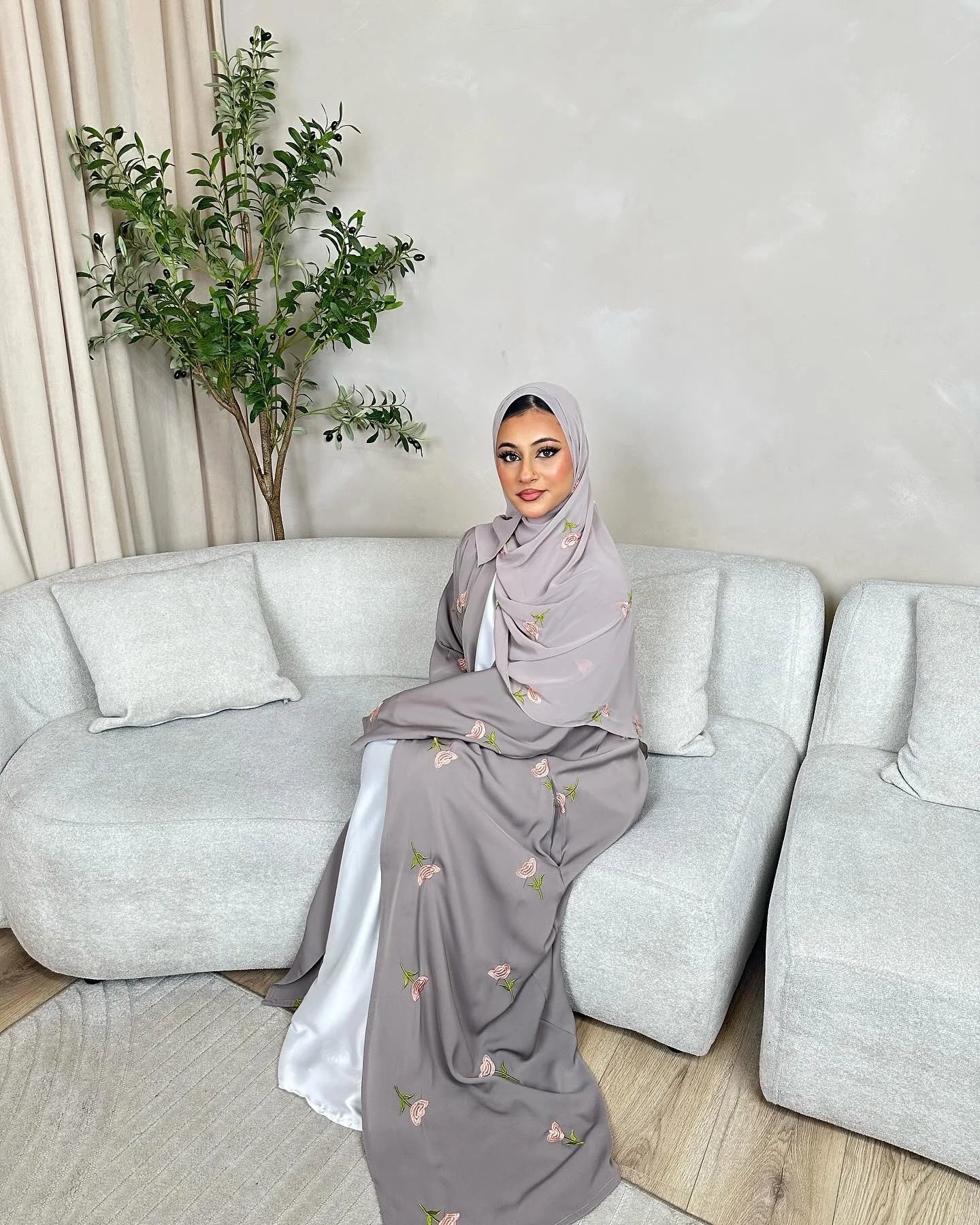 Abaya & Scarf Embroidered Open Cardigan Dress
