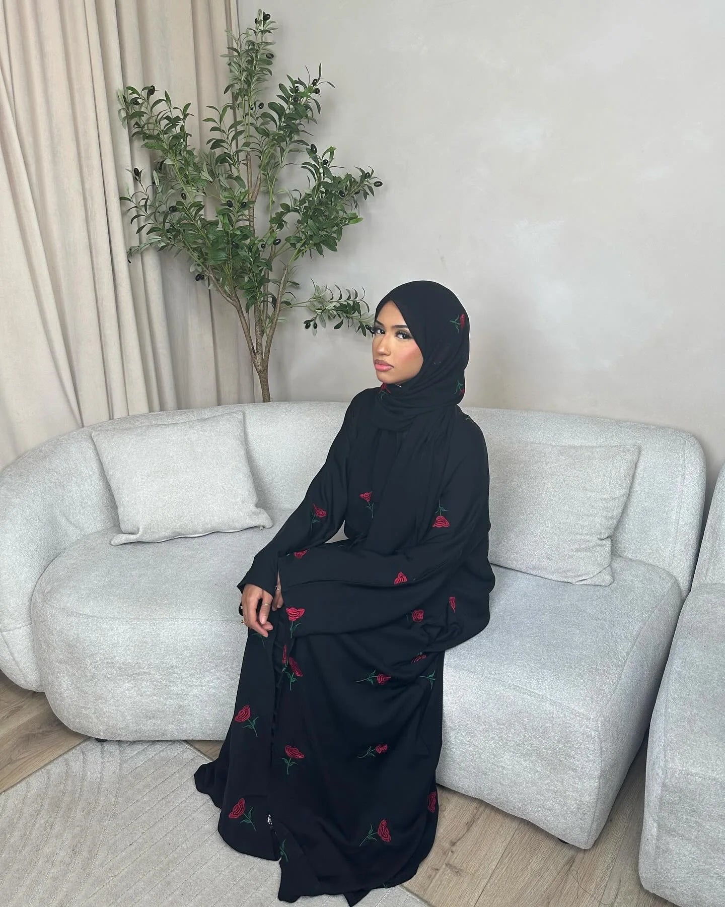 Abaya & Scarf Embroidered Open Cardigan Dress