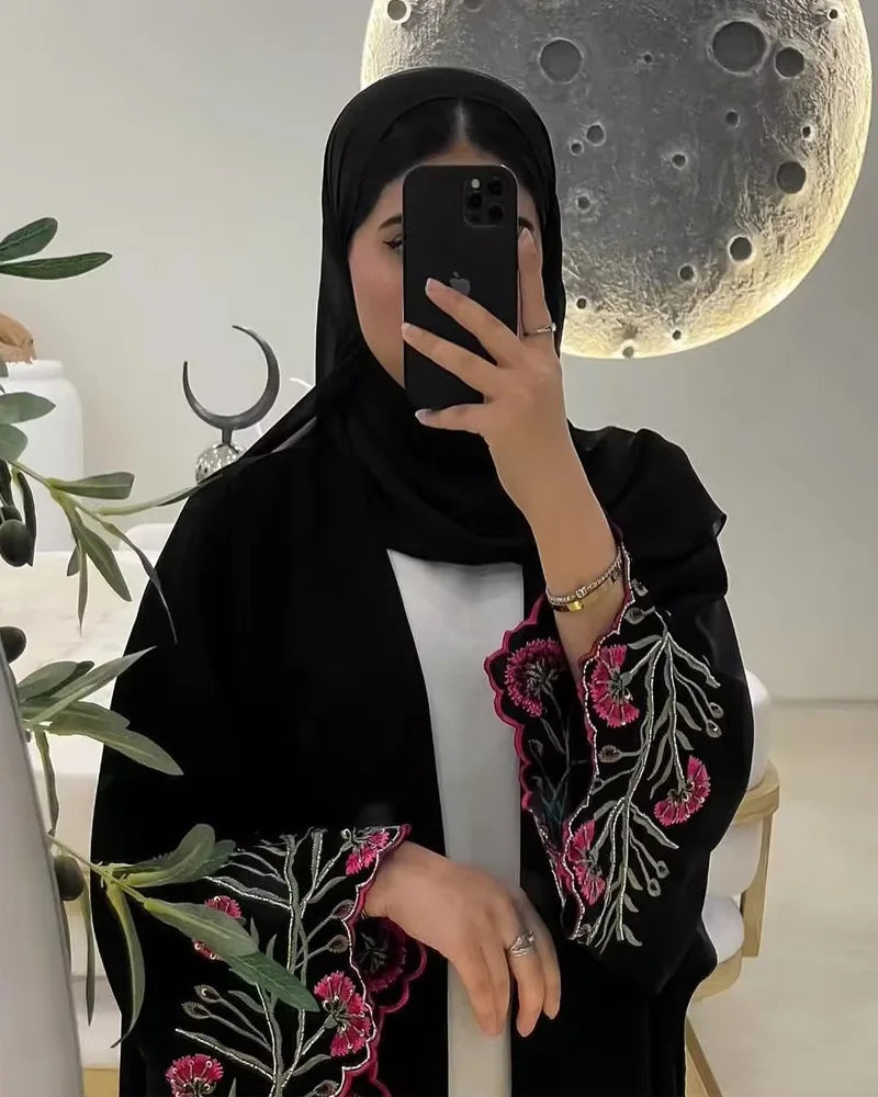 Emroidered Sleeve Open Front abaya