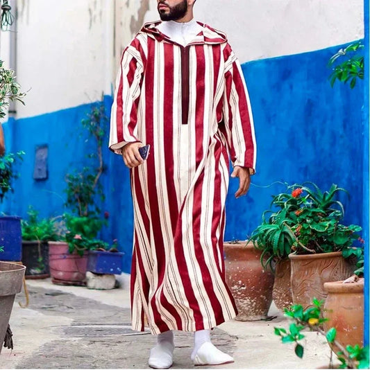 Muslim Men Striped Hooded Jubba