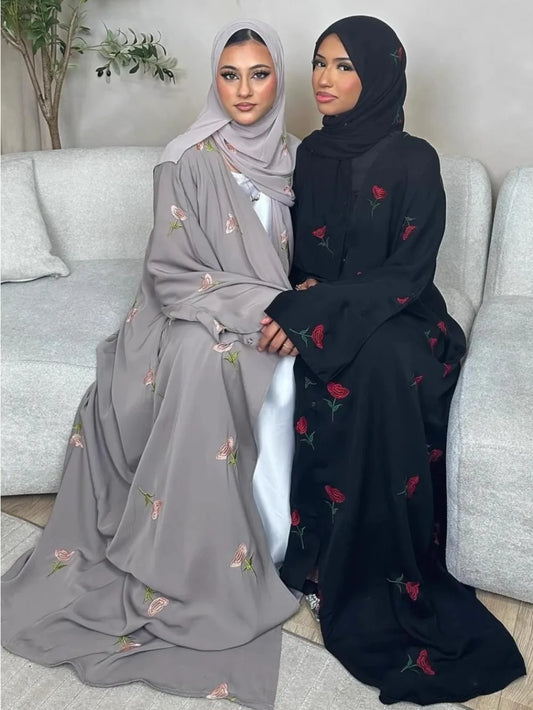Abaya & Scarf Embroidered Open Cardigan Dress