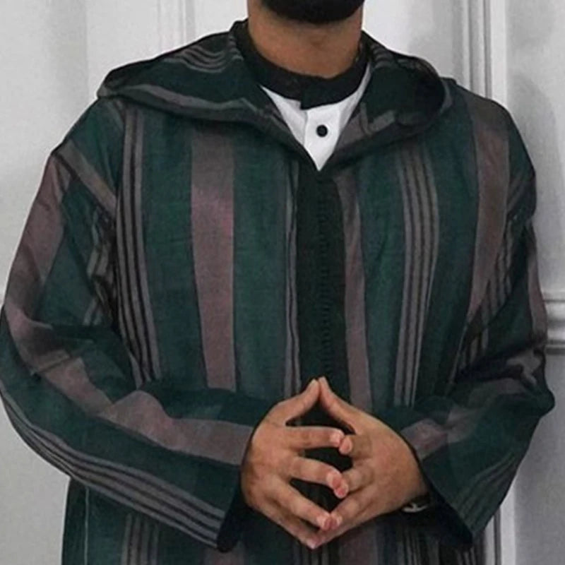 Muslim Men Striped Hooded Jubba