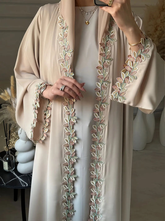 Womens Beige Abaya Multicolored Leaf Embroidery